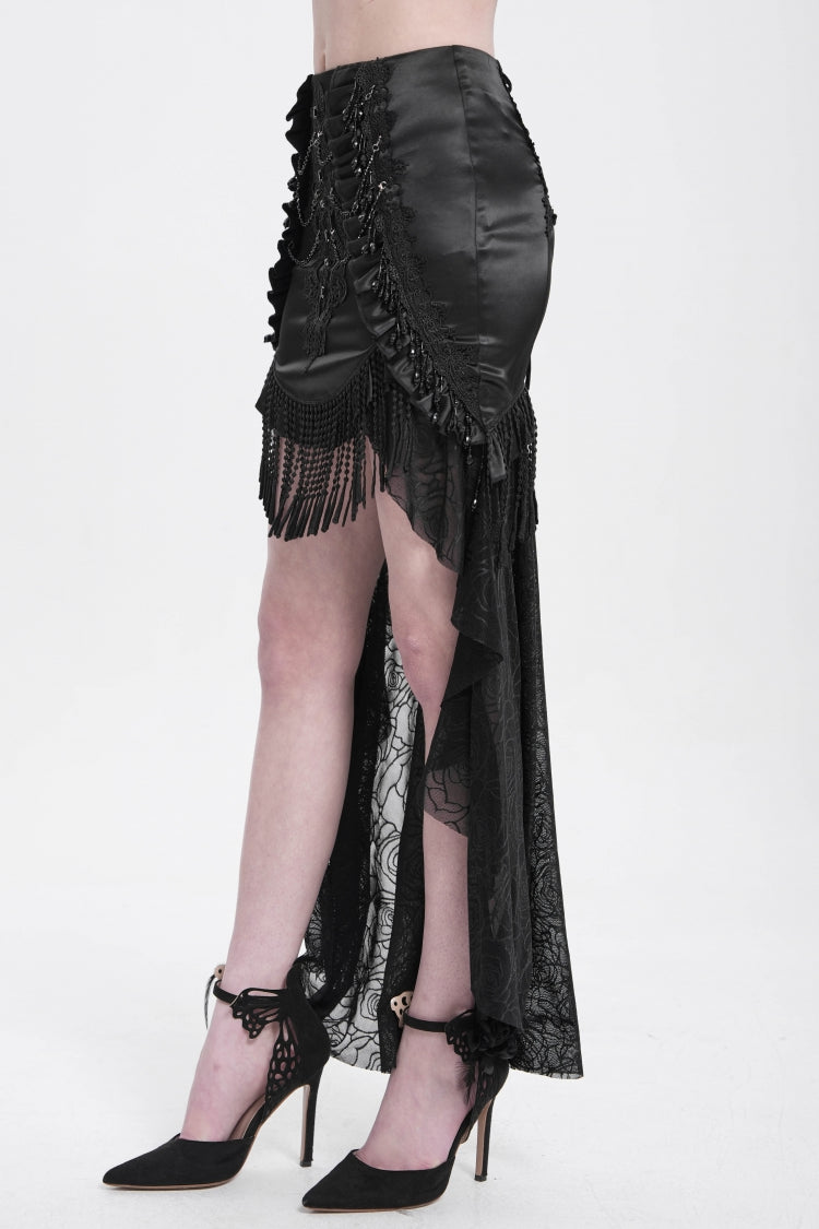 Black Embroidery Stitching Lace Mesh Women's Gothic Skirt With Train - Product - 3