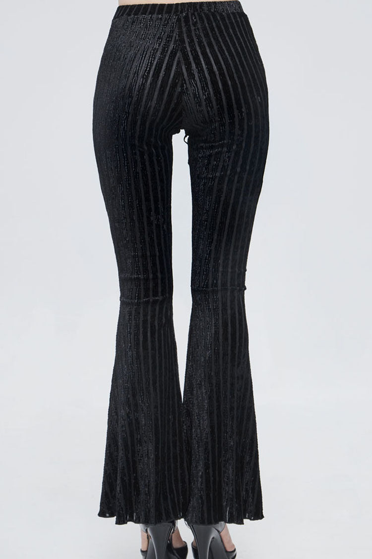 Black Gothic Striped Flocking V-Shaped Cross Lace Stitching Flared Women's Pants - Product - 4