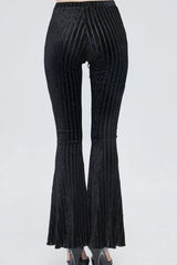 Black Gothic Striped Flocking V-Shaped Cross Lace Stitching Flared Women's Pants - Product - 4