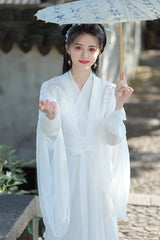 White Fairy-Like Long Trumpet Sleeves Embroidered Sweet Ancient Chinese Inspired Hanfu Dress - Product - 4