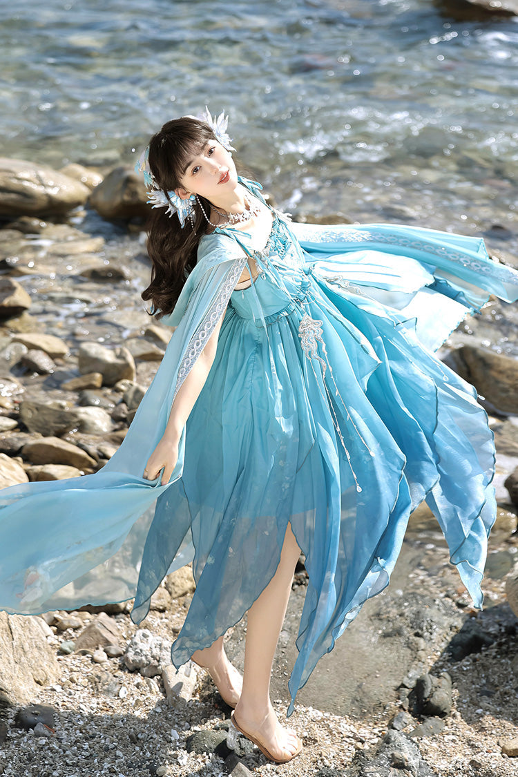 Blue [Ocean Sprite] Gradient Print Irregular Hooded Sweet Lolita Jsk Dress Cloak Set - Product - 10