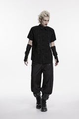 Black Lapel Collar Short Sleeves Studded Men's Punk Skull Handsome Cool Shirt - Product - 5