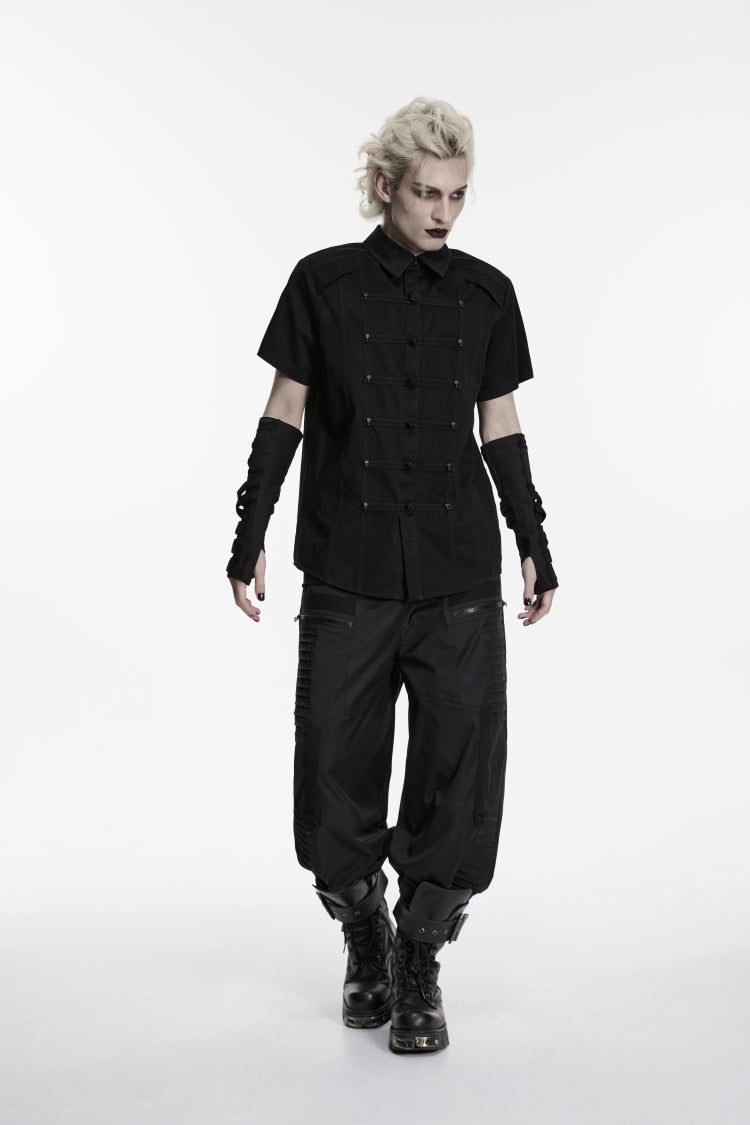 Black Lapel Collar Short Sleeves Studded Men's Punk Skull Handsome Cool Shirt - Product - 5