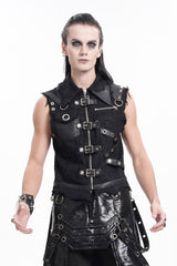 Black Lapel Collar Sleeveless Ripped Buckle Eyelets Men's Gothic Vest - Product - 6