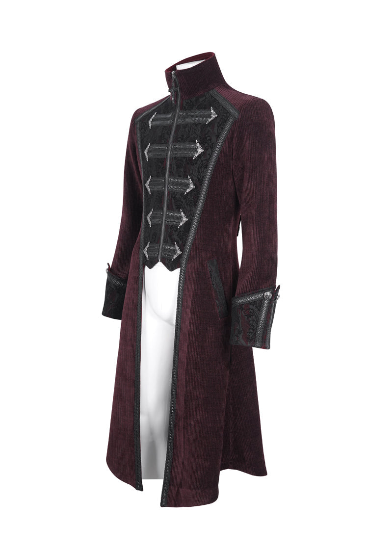 Red Stand Collar Long Sleeves Embroidery Slim Men's Gothic Coat - Product - 7