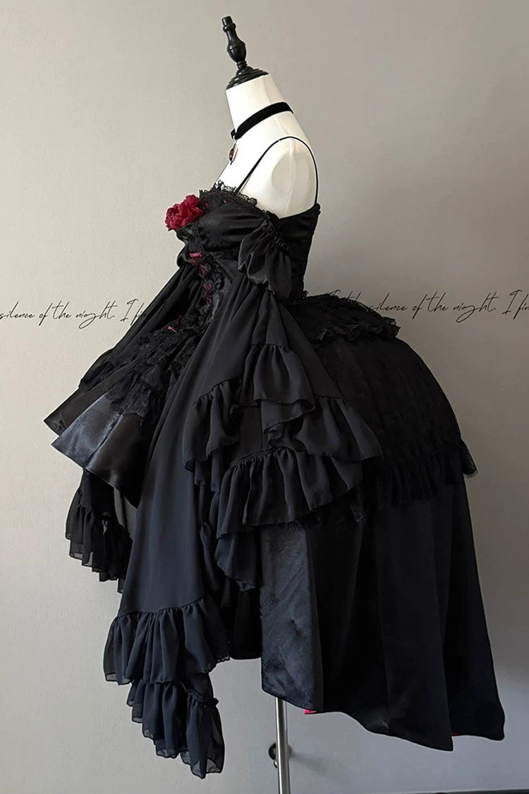 Black/Red [Blood Feast] Halloween Off Shoulder Jacquard Ruffled Lace-Up Gothic Elegant Lolita Jsk Dress - Product - 7