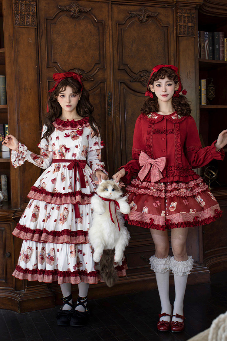 White/Pink [Bell Strawberry Farm] Print Long Sleeves Triple-Layered Ruffle Sweet Lolita Dress - Product - 14