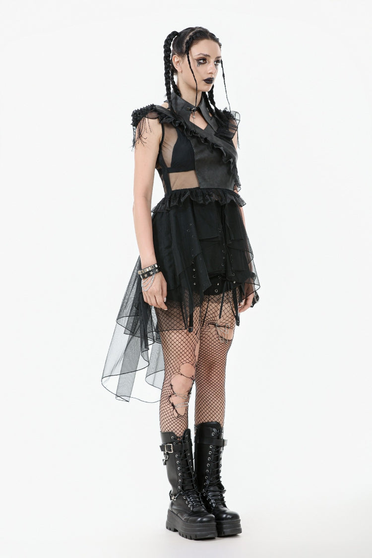 Black V Collar Sleeveless Multi-Layered Ruffled Sheer Mesh Women's Punk Dress - Product - 8