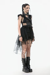 Black V Collar Sleeveless Multi-Layered Ruffled Sheer Mesh Women's Punk Dress - Product - 8