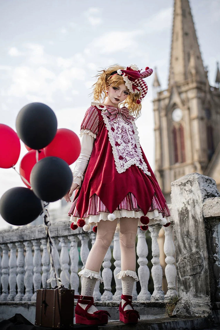 Red [Letters and Poems · Doll Mask] Poker Clown Long Sleeves Ruffled Bow Gothic Lolita Dress Set - Product - 12