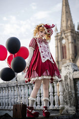 Red [Letters and Poems · Doll Mask] Poker Clown Long Sleeves Ruffled Bow Gothic Lolita Dress Set - Product - 12