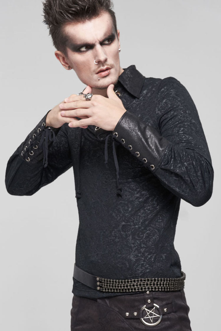Black Gothic Pattern Decoration Tie Rope Design Knitted Elasticity Pullover Men's Shirt - Product - 5