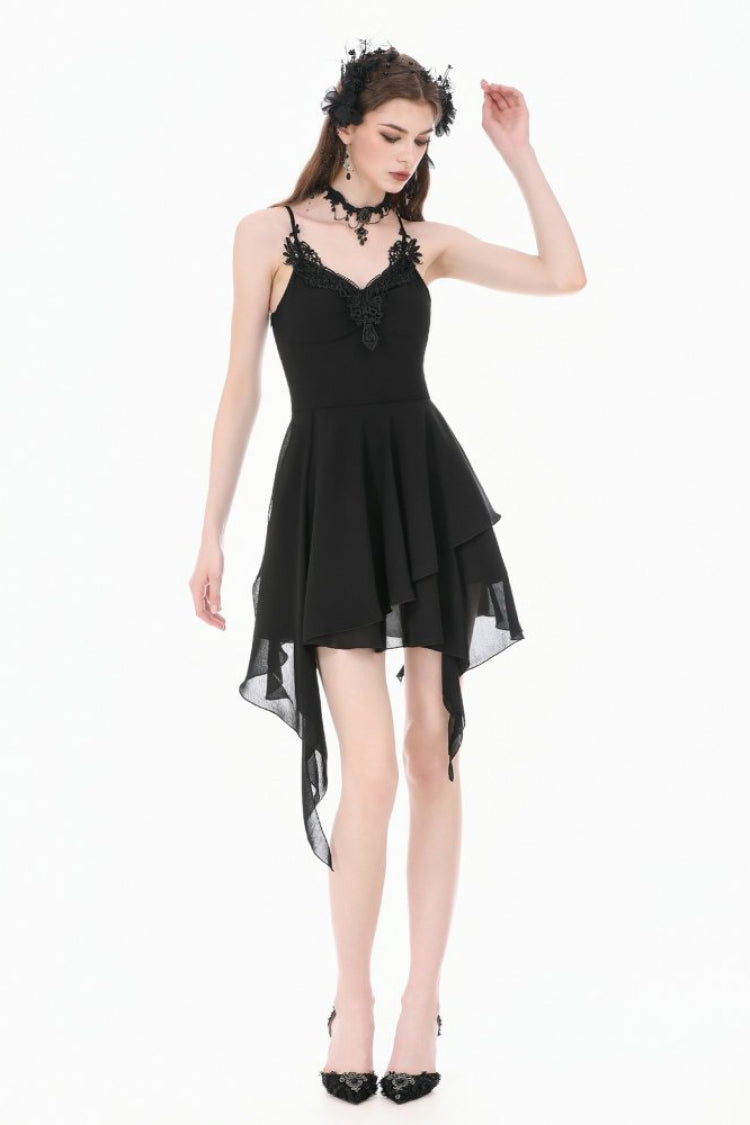 Black V Collar Lace Embroidered Asymmetric Women's Gothic Slip Dress - Product - 8