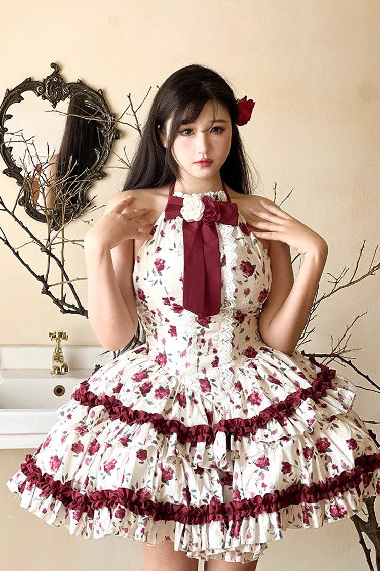 Red/White Halterneck Romantic Rose Print Ruffle Bowknot Sweet Chinese Style Lolita Dress - Red/White - 1