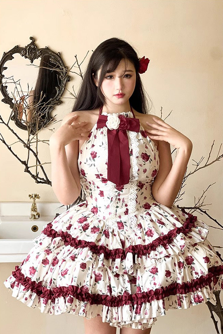 Red/White Halterneck Romantic Rose Print Ruffle Bowknot Sweet Chinese Style Lolita Dress - Red/White - 1