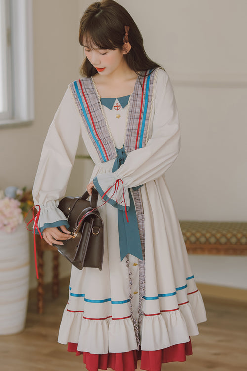 Multi-Color Square Collar Ruffled Long Sleeves Paneled Hem Sweet Lolita OP Dress - Product - 4
