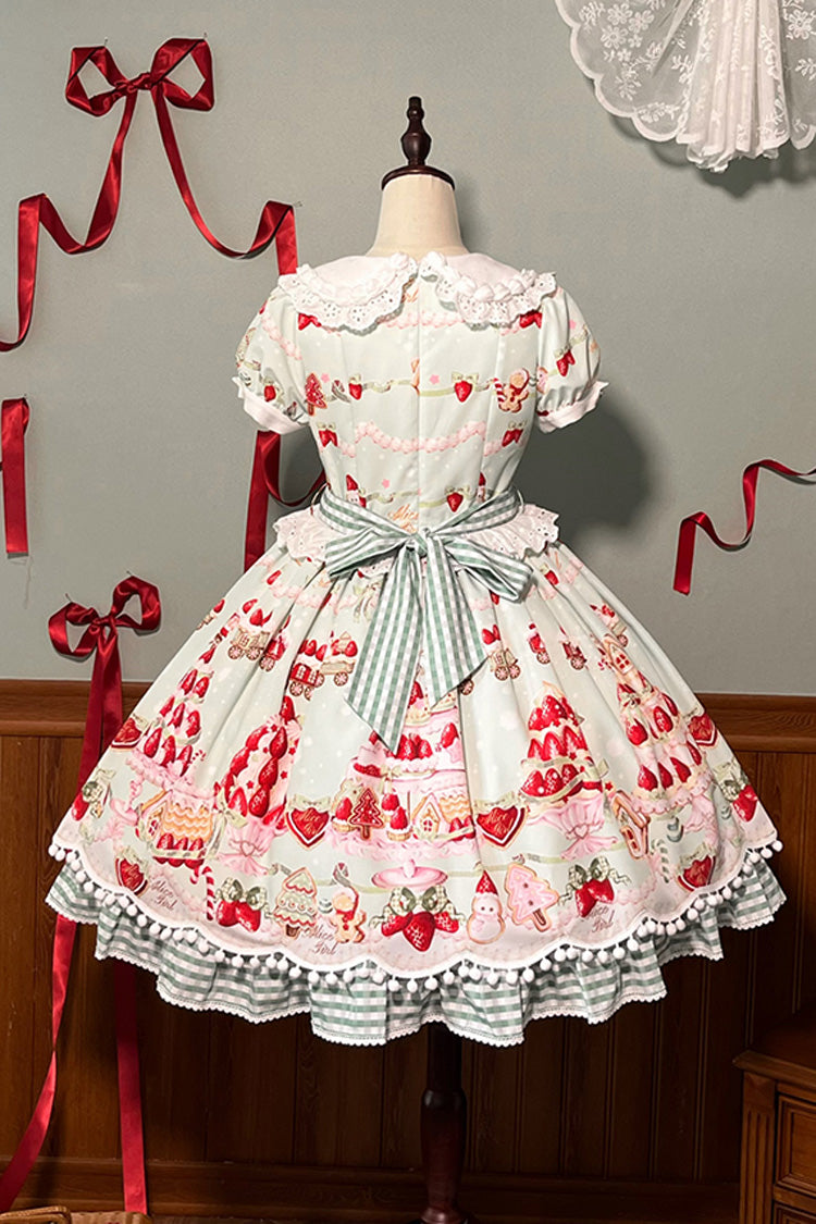 Mint Strawberry Dessert Doll Collar Short Sleeves Print Ruffle Bowknot Sweet Lolita Dress 4 Colors - Product - 28