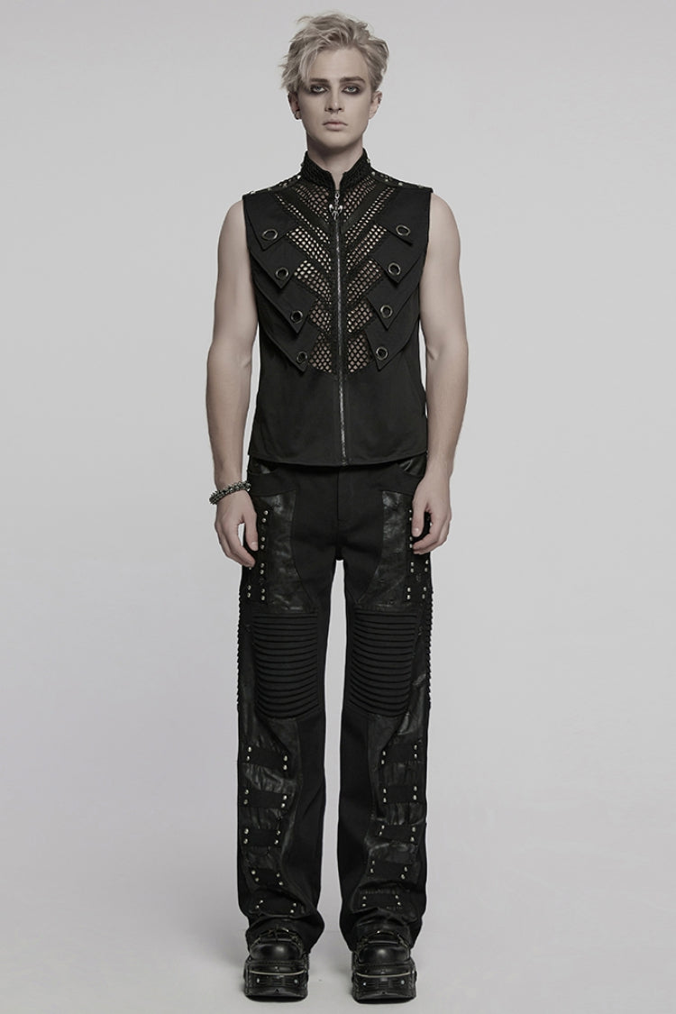 Black Stand Collar Stitching Mesh Men's Punk Vest - Product - 4