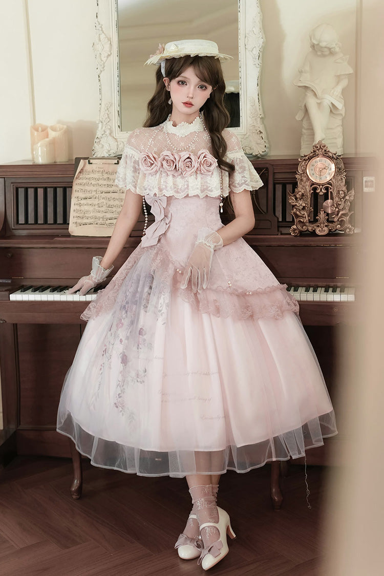 Pink [Rose Poems] Ruffle Embroidery Bowknot Lace Asymmetric Sweet Elegant Lolita Dress Set - Product - 5