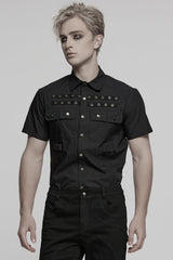 Black Lapel Collar Short Sleeves Men's Pocket Eyelet Punk Blouse - Black - 1