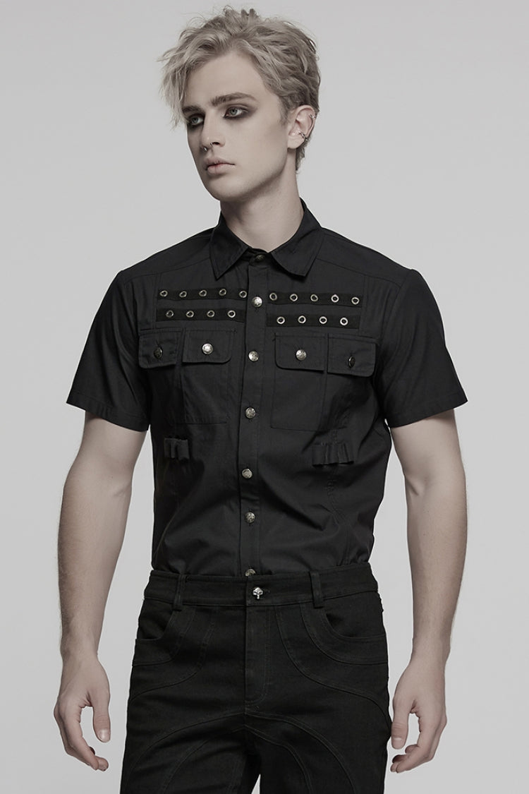 Black Lapel Collar Short Sleeves Men's Pocket Eyelet Punk Blouse - Black - 1