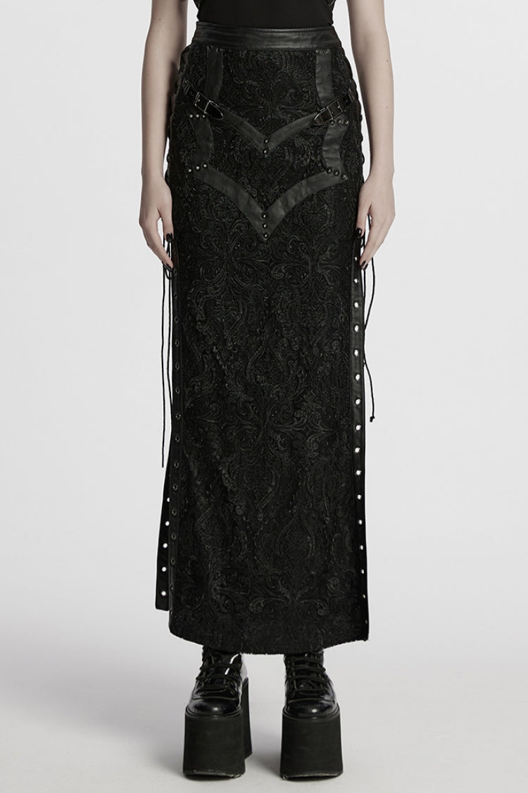 Black Studded Embossed Embroidery Lace-Up Women's Gothic Skirt - Black - 1