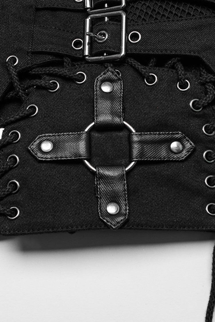 Black Lace-Up Mesh Buckle Women's Punk Shorts - Product - 6
