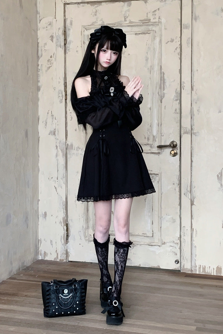 Black Off Shoulder Halterneck Long Sleeves Ruffled Bow Lace-Up Gothic Japanese Jirai Kei Dress - Product - 7
