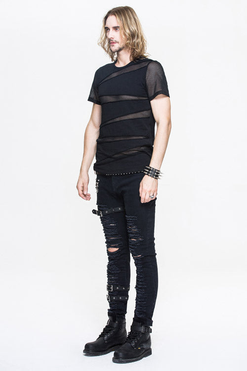 Black Partition Diamond Shape Mesh Gothic Punk Mens Tops T-Shirt - Product - 5