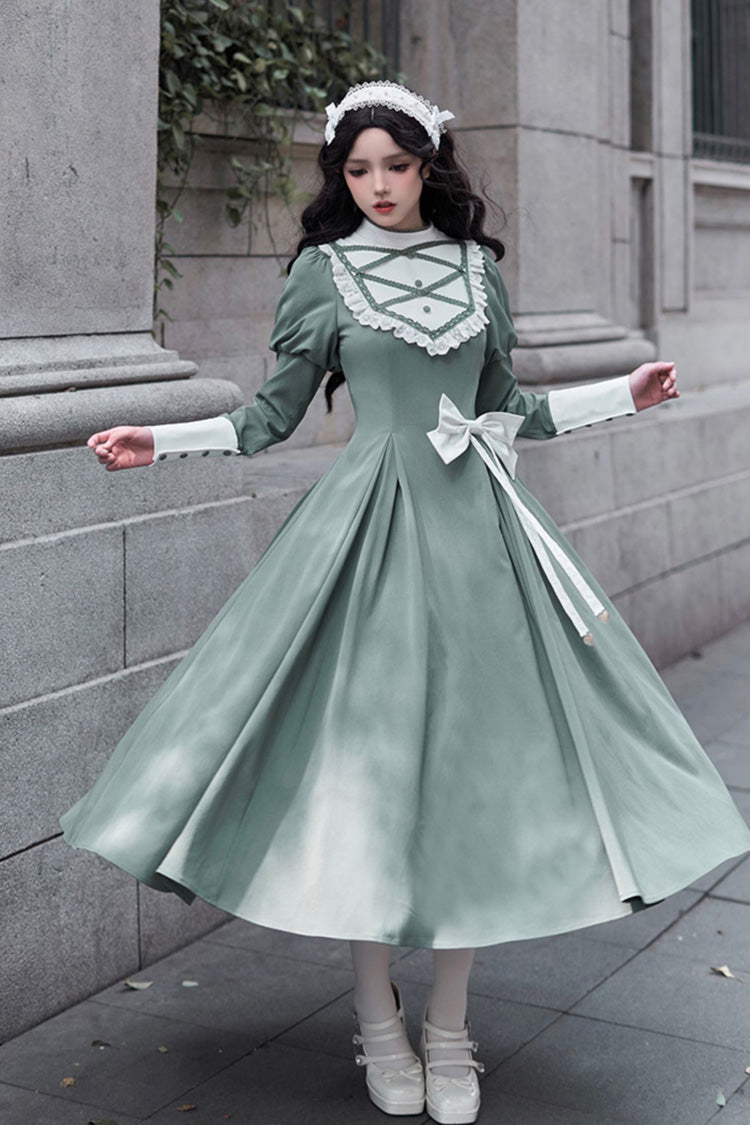 Green Nun Style Stand Collar Long Sleeves Ruffle Bowknot Classic Elegant Lolita Dress - Product - 3