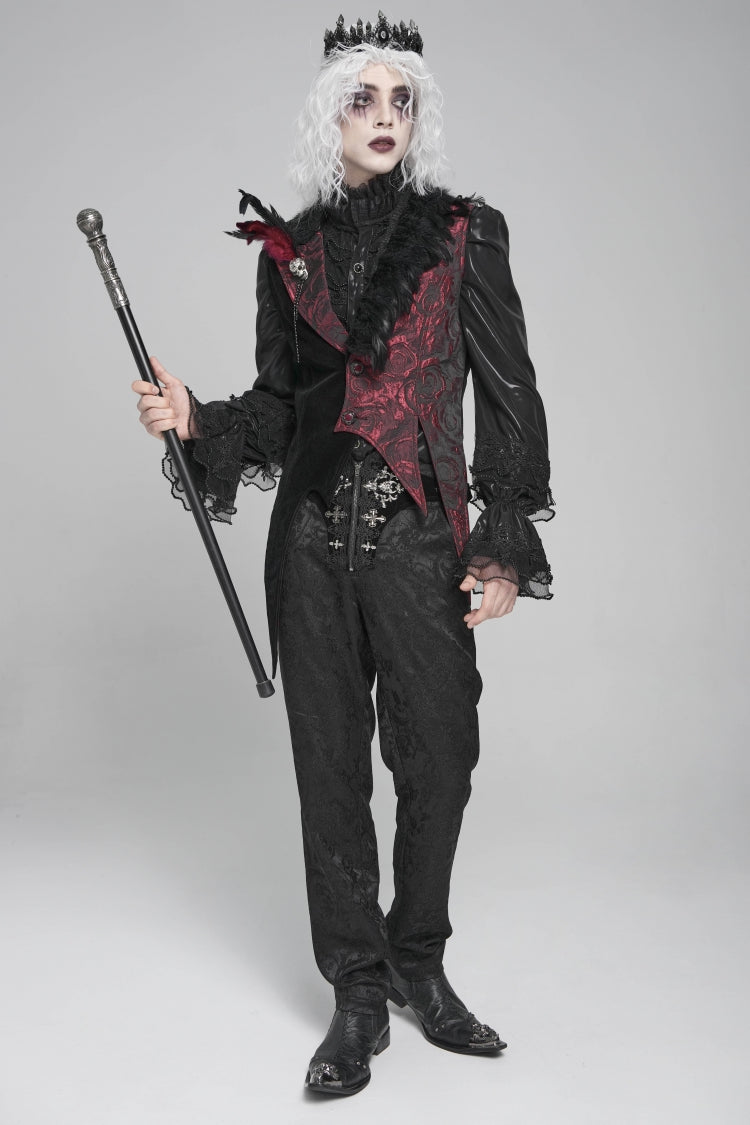 Black Long Sleeves Rose Print Irregular Contrast Color Men's Gothic Vest with Detachable Feather Accessory - Product - 6