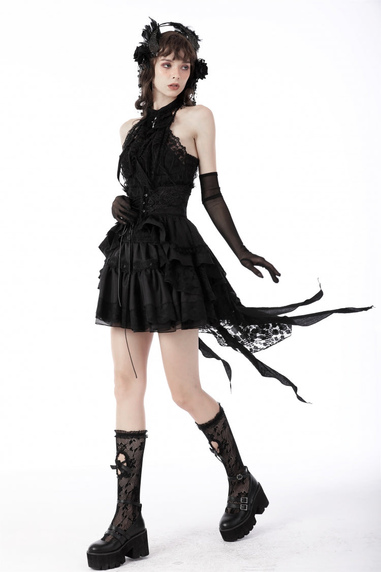 Black Off Shoulder Halterneck Lace Crinkle Women's Gothic Tank Top - Product - 8