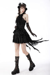 Black Off Shoulder Halterneck Lace Crinkle Women's Gothic Tank Top - Product - 8