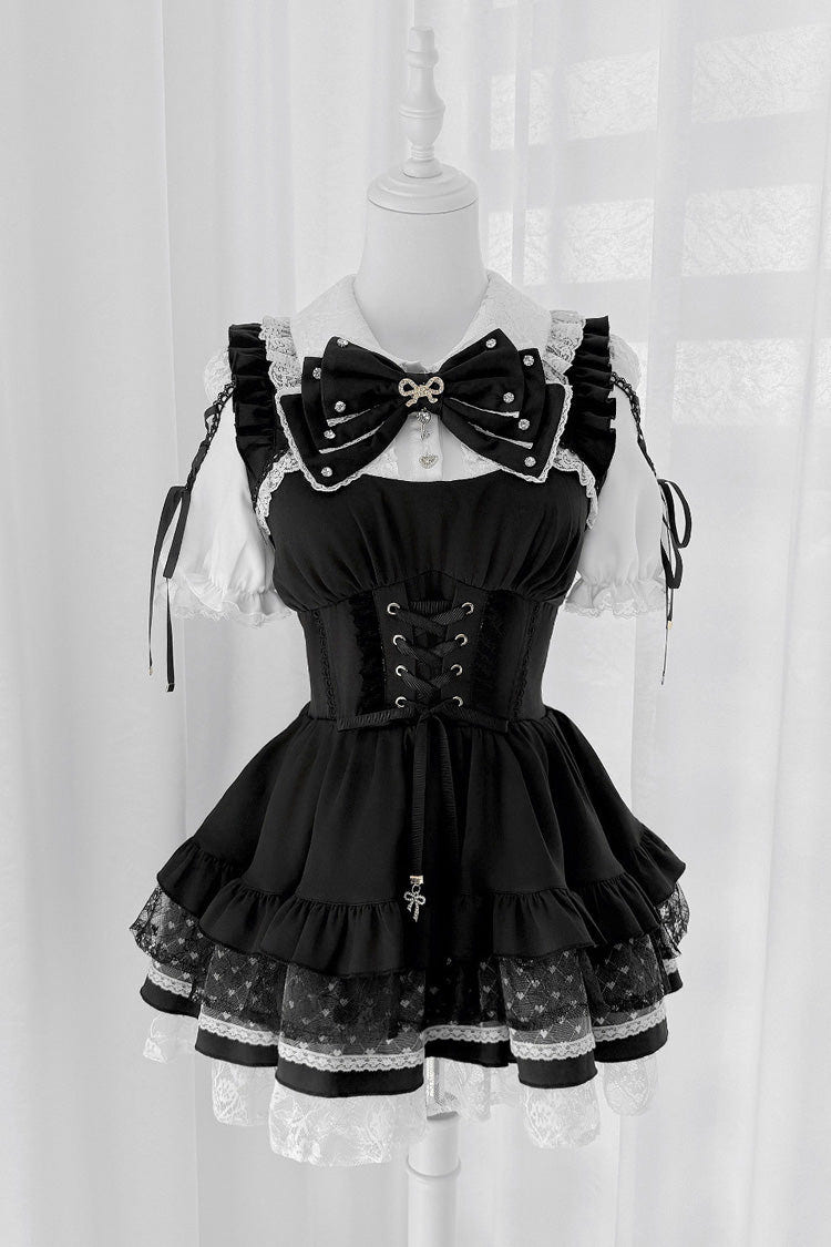 [Heart Key Treasure Box] Lapel Collar Short Sleeves Printed Ruffled Bow Lace-Up Japanese Jirai Kei Dress Shorts Set 3 Colors - Black/White(Set) - 7