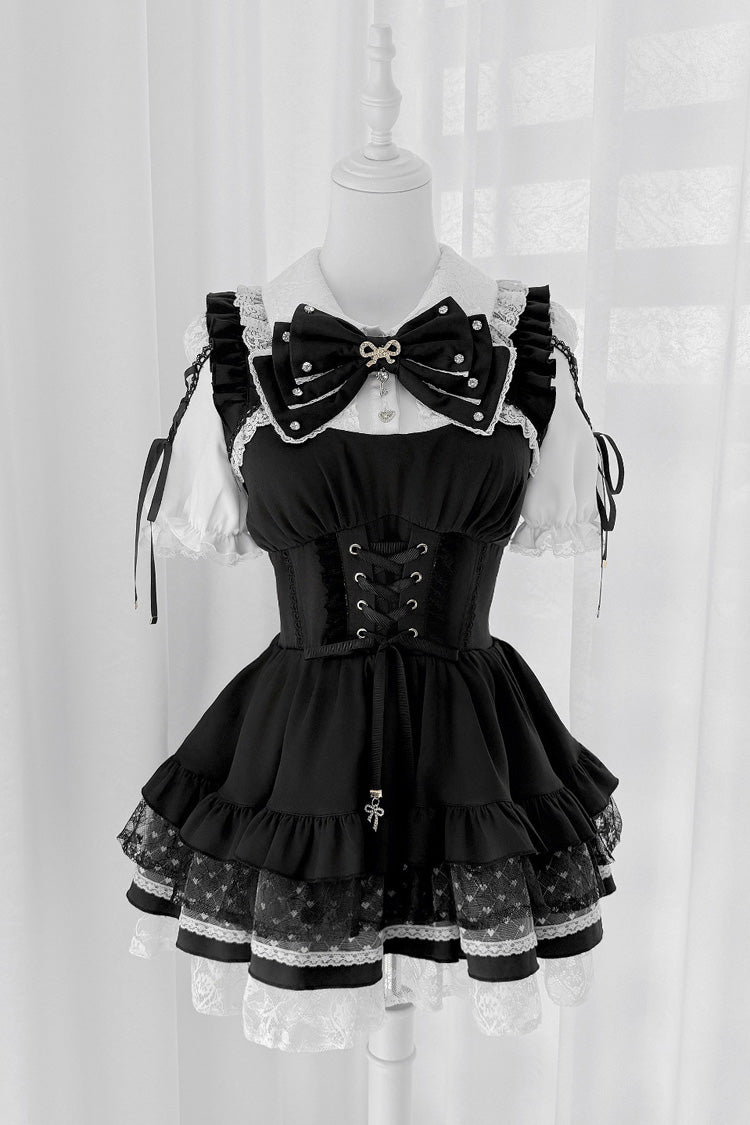 [Heart Key Treasure Box] Lapel Collar Short Sleeves Printed Ruffled Bow Lace-Up Japanese Jirai Kei Dress Shorts Set 3 Colors - Black/White(Set) - 7
