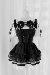 [Heart Key Treasure Box] Lapel Collar Short Sleeves Printed Ruffled Bow Lace-Up Japanese Jirai Kei Dress Shorts Set 3 Colors - Black/White(Set) - 7