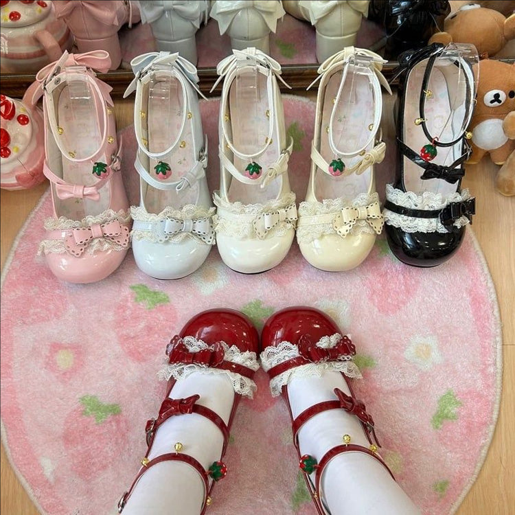 Round Toe Bow Lace Trim Mid Heel Lolita Mary Jane Shoes with Ankle Bells 6 Colors - Product - 10