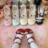 Round Toe Bow Lace Trim Mid Heel Lolita Mary Jane Shoes with Ankle Bells 6 Colors - Product - 10