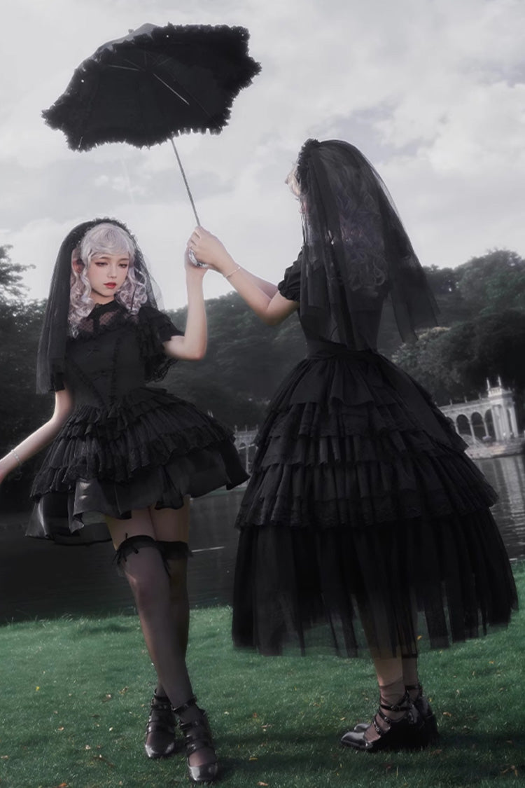 Black Twin Ivory Towers Short Sleeves Five-Layered Ruffle Gothic Lolita Dress - Product - 8