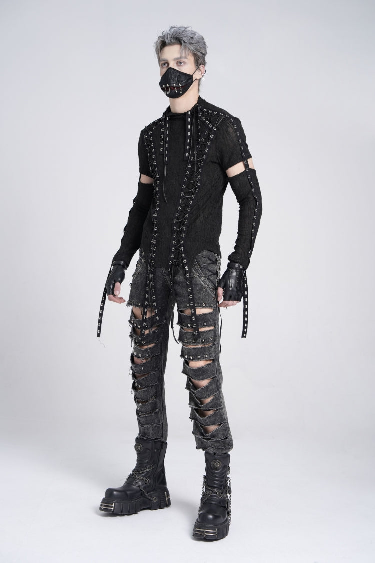 Black Long Sleeves Strap Lace-Up Irregular Mesh Men's Gothic T-Shirt - Product - 9