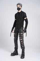 Black Long Sleeves Strap Lace-Up Irregular Mesh Men's Gothic T-Shirt - Product - 9