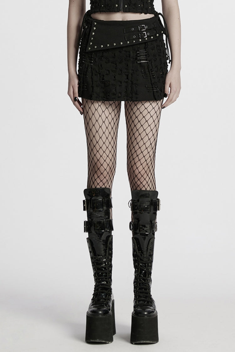 Black Ripped Asymmetric Studded Women's Punk Denim Skirt - Black - 1