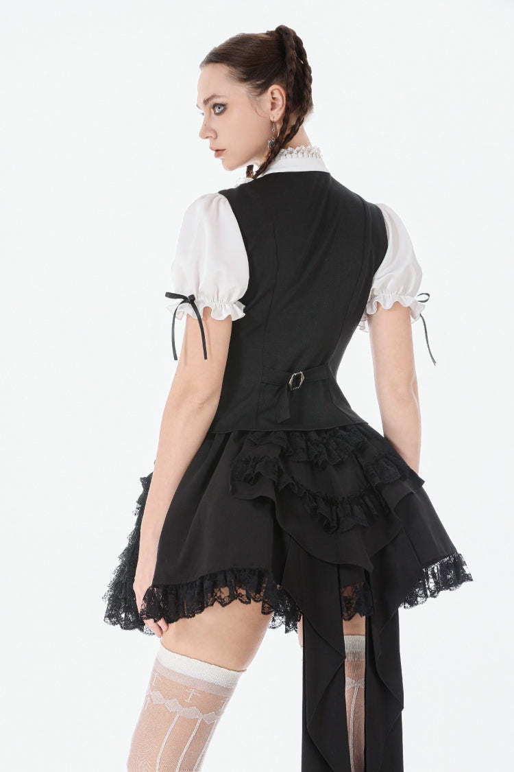 Black/White Short Puff Sleeves Lace Ruffled Stand Collar Women's Gothic Royal Blouse - Product - 4