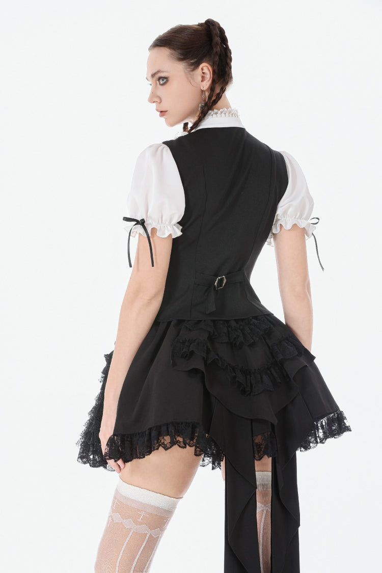 Black/White Short Puff Sleeves Lace Ruffled Stand Collar Women's Gothic Royal Blouse - Product - 4