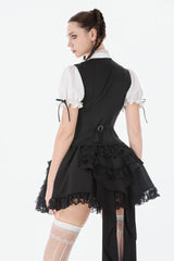 Black/White Short Puff Sleeves Lace Ruffled Stand Collar Women's Gothic Royal Blouse - Product - 4