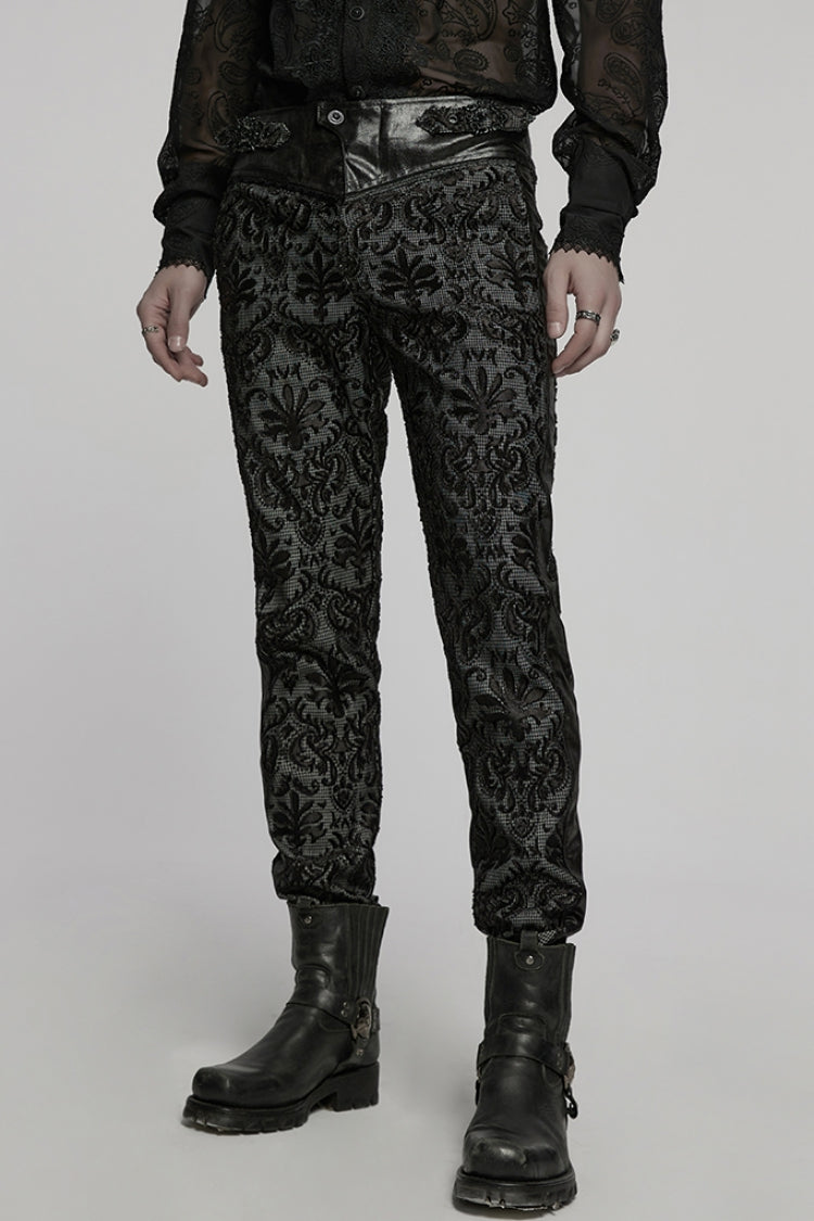 Black Print Floral Embroidery Buckle Men's Gothic Pants - Product - 2