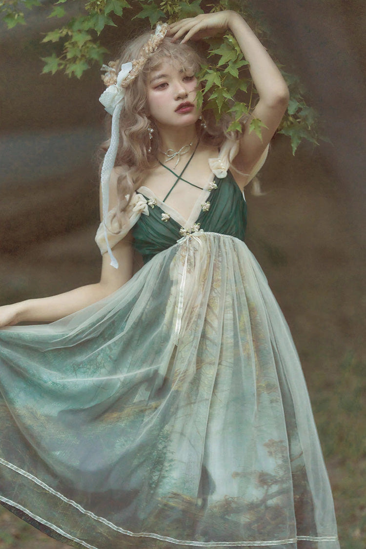 Green V Collar Morning In Pine Forest Print Sweet Lolita Jsk Dress - Product - 4