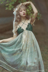 Green V Collar Morning In Pine Forest Print Sweet Lolita Jsk Dress - Product - 4