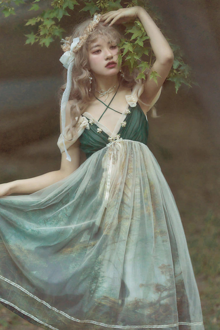 Green V Collar Morning In Pine Forest Print Sweet Lolita Jsk Dress - Product - 4