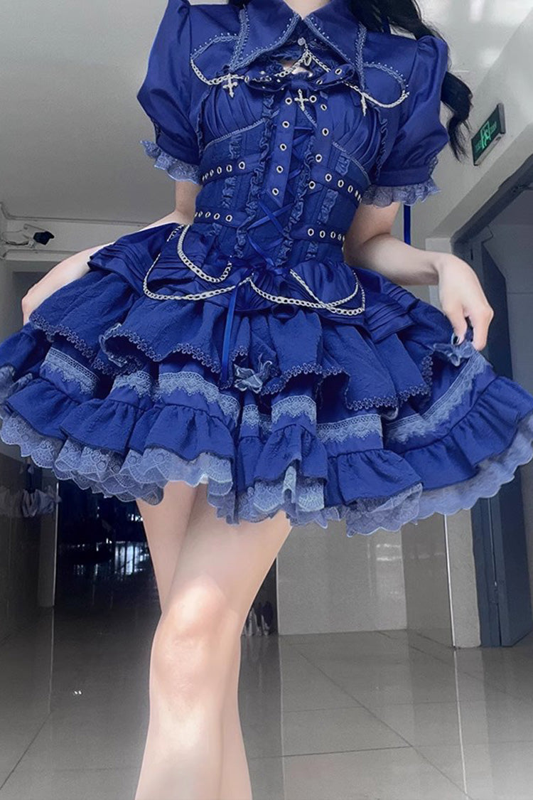 [Covenant Cross] Sleeveless Triple-Layered Ruffle Bowknot Lace-Up Gothic Lolita Jsk Dress 6 Colors - Blue - 15